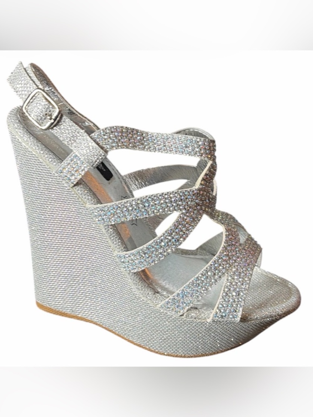 Silver Crystal Strappy Wedge Sandals 7.5